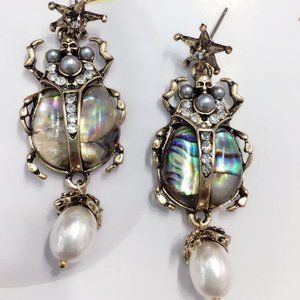 SKULL ABALONE SCARAB BEETLE PEARL EARRINGS
